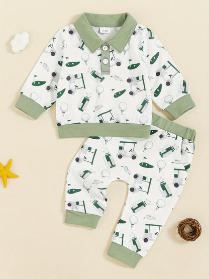 2-Piece Toddler Baby Boys' Adorable Golf Print Outfit - Layette Sets with Turn-Down Collar, Long Sleeve Sweatshirts, and Long Pants for Fall Season, Soft and Cozy Clothes for Everyday Wear