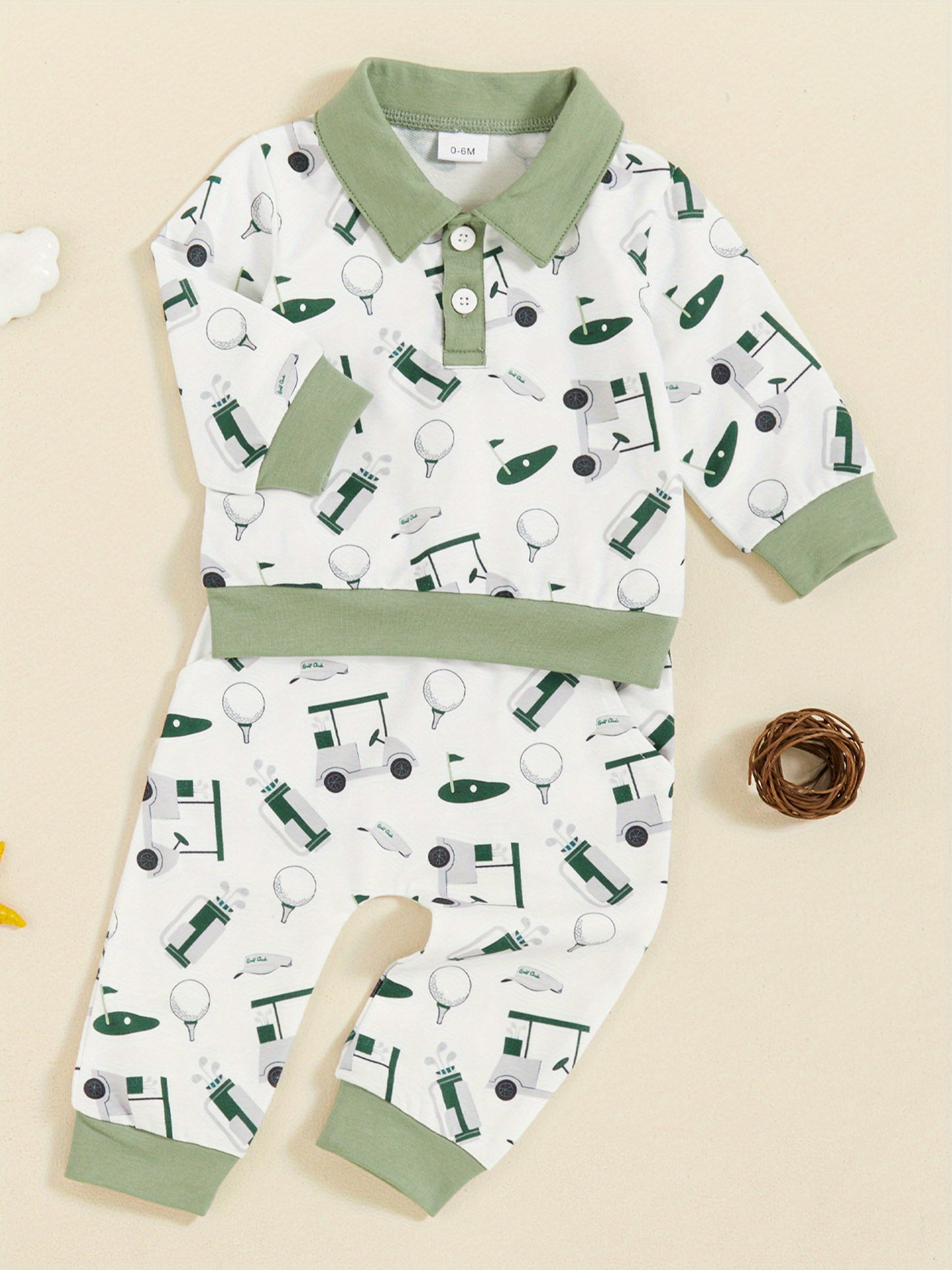 2-Piece Toddler Baby Boys' Adorable Golf Print Outfit - Layette Sets with Turn-Down Collar, Long Sleeve Sweatshirts, and Long Pants for Fall Season, Soft and Cozy Clothes for Everyday Wear