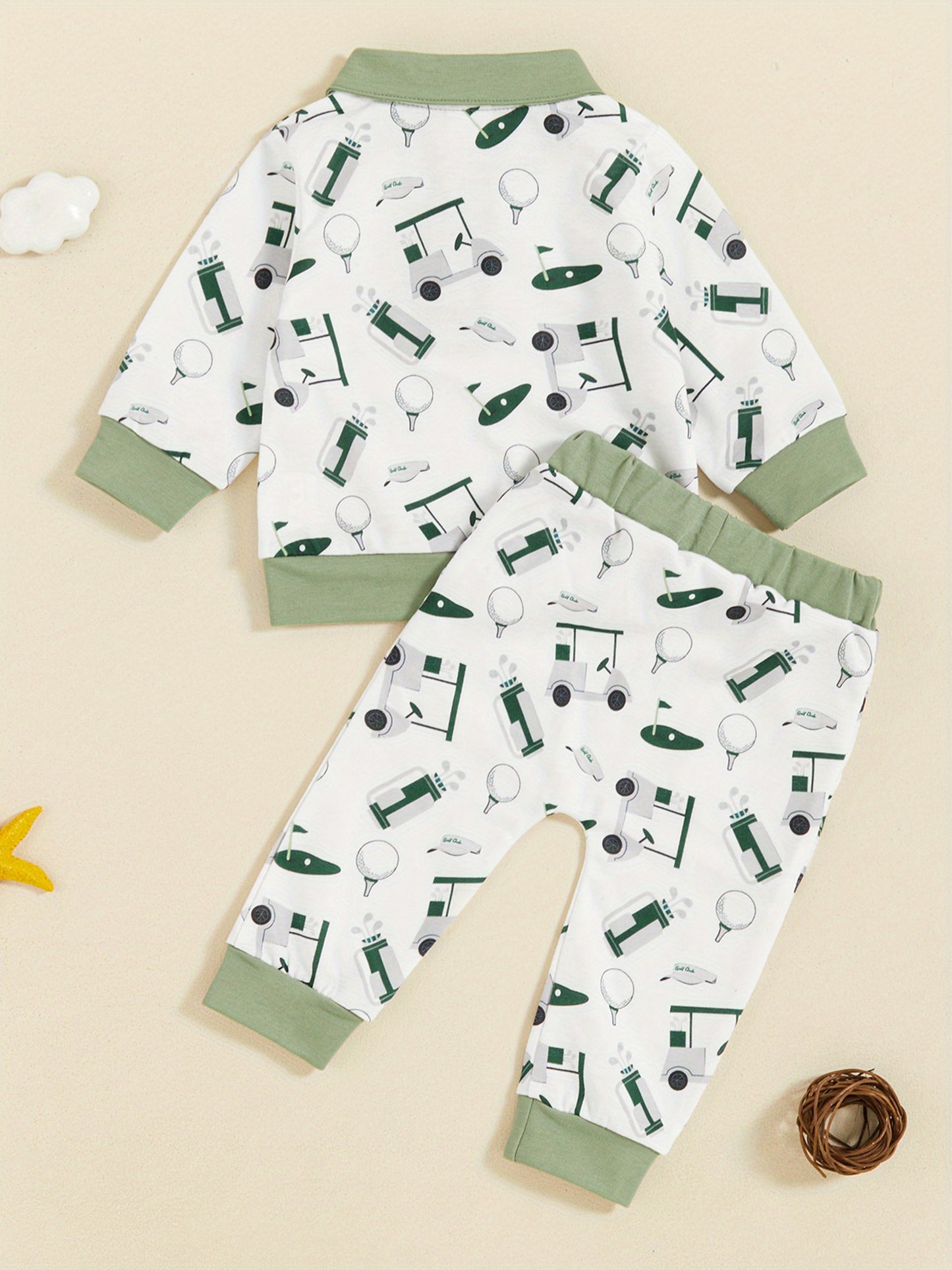 2-Piece Toddler Baby Boys' Adorable Golf Print Outfit - Layette Sets with Turn-Down Collar, Long Sleeve Sweatshirts, and Long Pants for Fall Season, Soft and Cozy Clothes for Everyday Wear