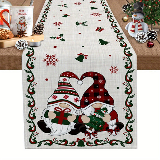 Holiday-Themed Polyester Table Runner – Rectangle, Knit Fabric Cover, Halloween Decor, Featuring Christmas Gnomes, Xmas Tree, Snowflakes, Washable, for Dinner, Birthday, Wedding Party