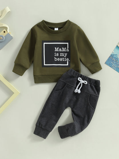 2-Piece Baby Boys' Fashionable Fall Layette Set - Soft Long Sleeve Crew Neck Letter Print Pullover Top and Elastic Waist Pants with Pocket - Comfortable and Adorable Outfit for Little Ones