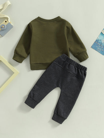 2-Piece Baby Boys' Fashionable Fall Layette Set - Soft Long Sleeve Crew Neck Letter Print Pullover Top and Elastic Waist Pants with Pocket - Comfortable and Adorable Outfit for Little Ones