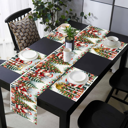 1/4/6pcs Festive Holiday Christmas Table Runner Set - Vibrant Polyester Fiber Design with Santa, Reindeer & Christmas Tree Pattern, Durable, Water-Resistant, and Easy-to-Clean Dining Table Decorations for Xmas Party, Holiday Gathering and Seasonal Celebra