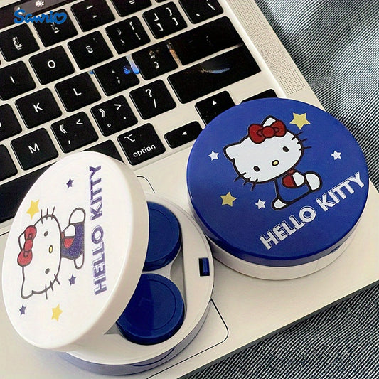 Authentic Licensed Cute Cartoon Kitty Cat Contact Lens Case, Blue Round Portable Care Kit, Electricity-Free Companion Box with Large Capacity, Ideal for Birthday and Christmas Gifts