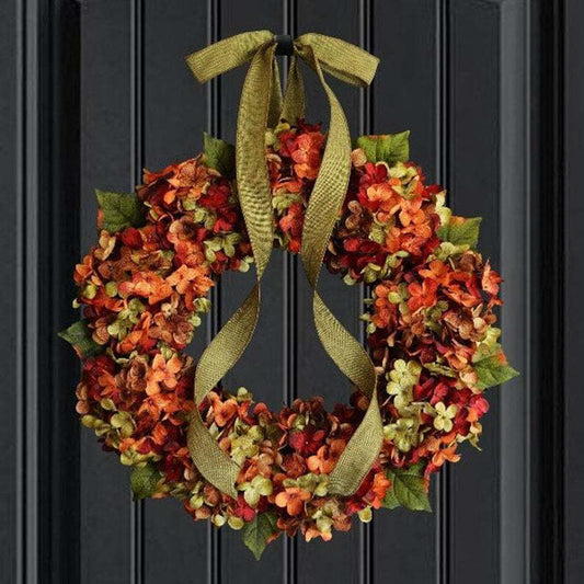 Large 17.72" Bohemian Fall Hydrangea Wreath with Bow - Artificial Flower Garland for Thanksgiving & Autumn Decor, Perfect for Front Door or Indoor Use