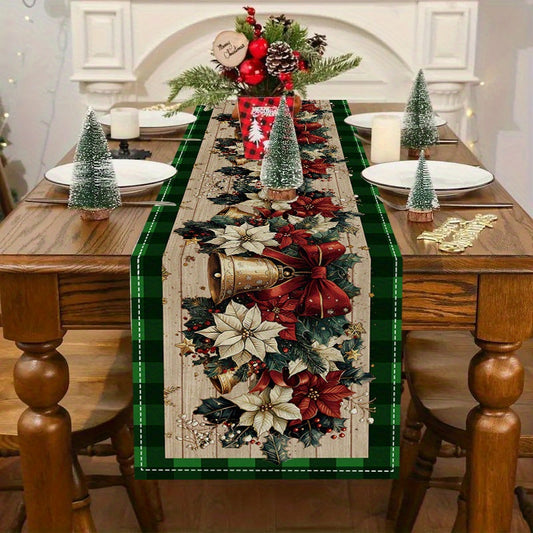 [Customer Favorite] Festive Christmas Table Runner with Ornaments and Poinsettia Design - Buffalo Plaid Holiday Decor for Home and Parties, Polyester Fabric, Perfect Gift, Christmas Decor