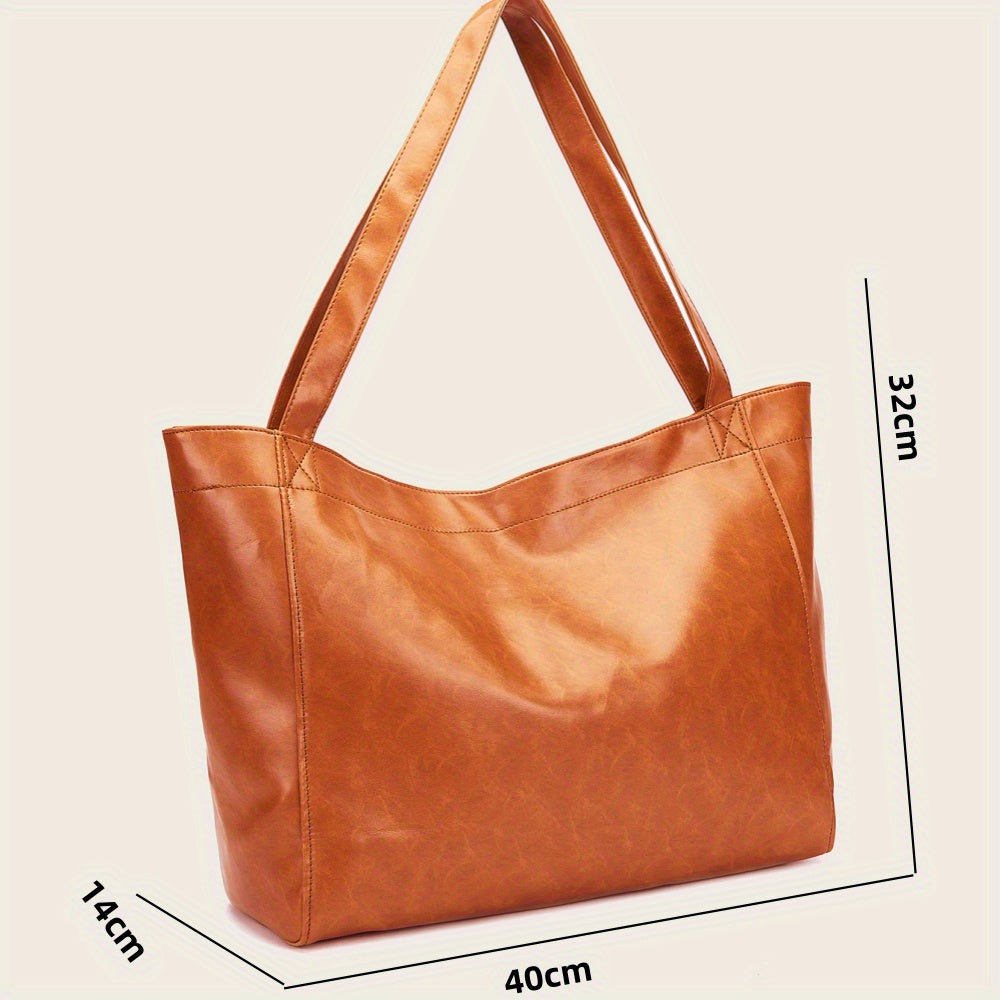 Retro Solid Color Handbag, Oil Leather Comfortable PU Shoulder Bag, Multi Pocket Large Capacity Daily Tote Bag