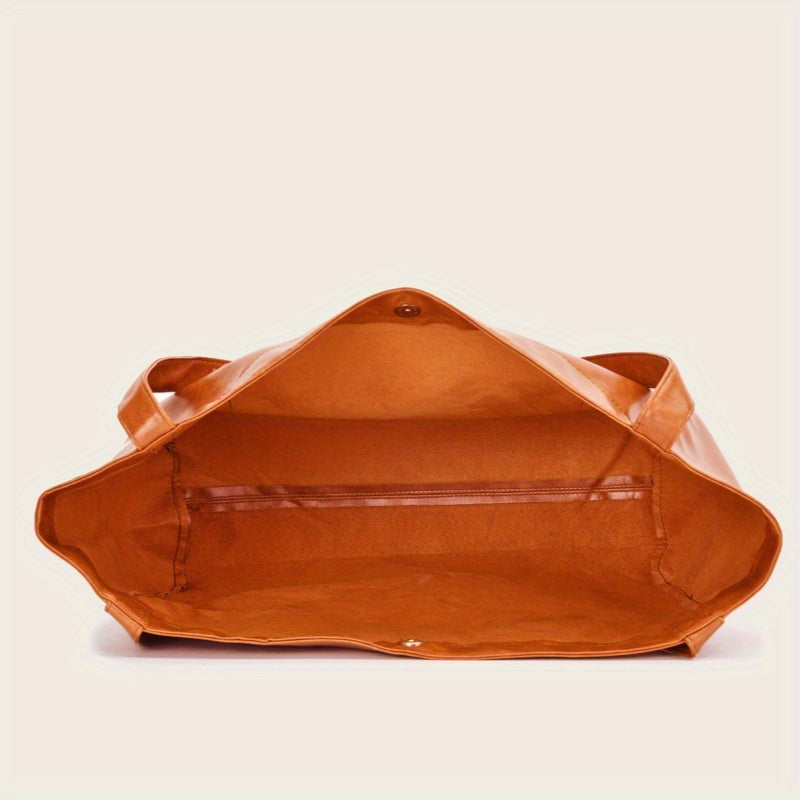 Retro Solid Color Handbag, Oil Leather Comfortable PU Shoulder Bag, Multi Pocket Large Capacity Daily Tote Bag