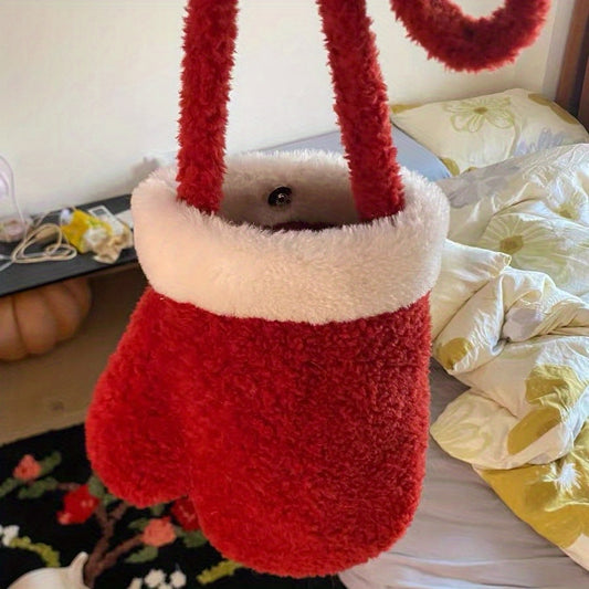 Vintage-Inspired Fuzzy Glove-Shaped Shoulder Bag with Plush Trim - Chic Festive Polyester Handbag for Fall/Winter Season, Non-Feathered, Elegant Accessory for Thanksgiving and Christmas