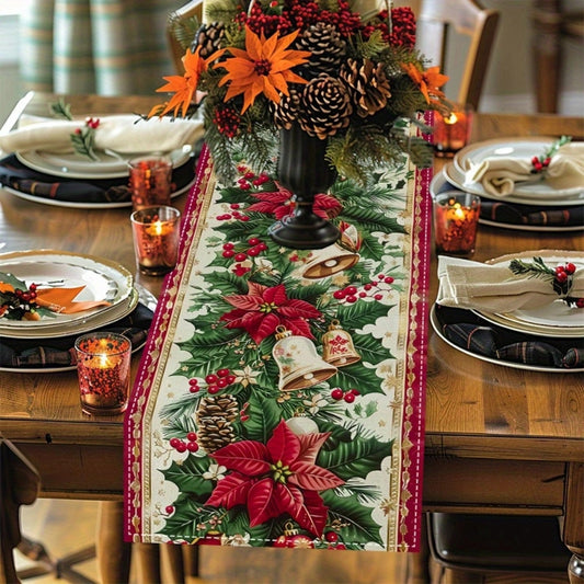 JIT 1/4pcs Merry Christmas Polyester Table Runner - Machine Made Thermal Mat with Festive Poinsettia, Christmas Ball, Buffalo Plaid Design for Holiday Table Decor