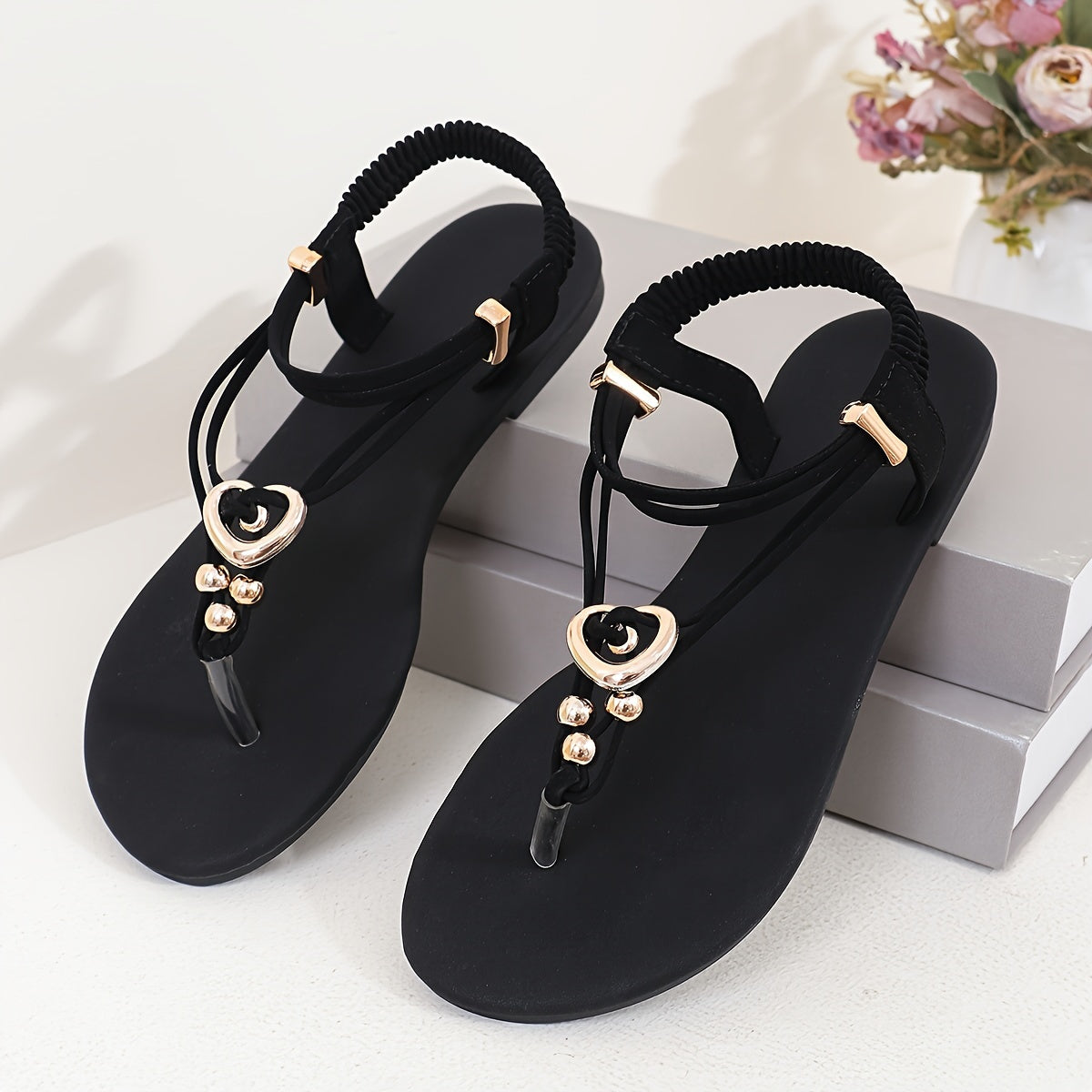 Womens Summer Heart-Themed Sandals - Elastic Ankle Straps for Secure Fit, Ultra-Comfortable with Stylish Heart Accent, Flat Sole for Beach Adventures