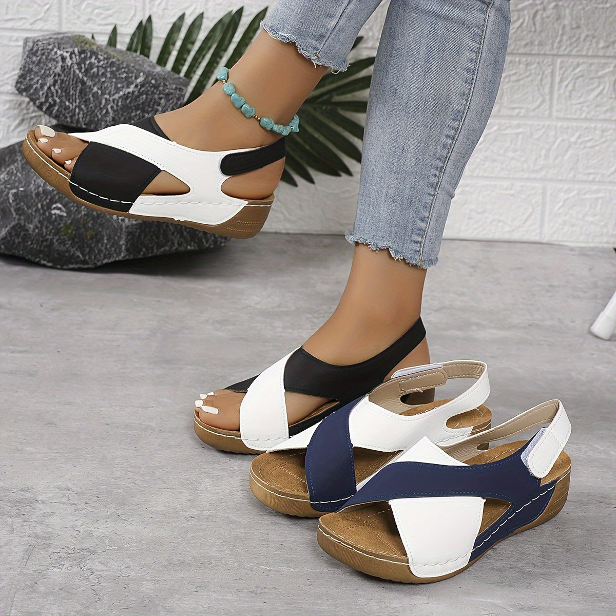 Vibrant Wedge Heeled Sandals - Ultra-Comfortable, Open Toe, Adjustable Ankle Strap, Contrast Color Block Design - Womens Casual Summer Shoes for Warm Weather