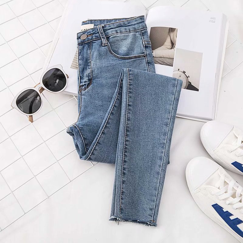 Autumn Clothing New Women's Clothing Korean Style Slim Fit All-Matching Raw Hem High Waist Denim Skinny Pants Student Tight Pencil Pants Trousers