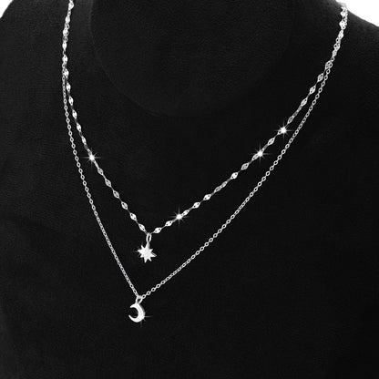 Celestial Glamour - Dainty 925 Sterling Silver Layered Choker Necklace with Star Moon Pendant for Women & Teen Girls - Adjustable, Fashion-Forward Design for Daily Wear or Special Events