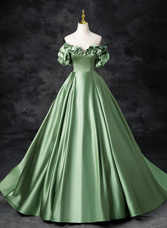 LOVECCRGreen Satin Off Shoulder Long Party Dress, A-line Green Prom Dress