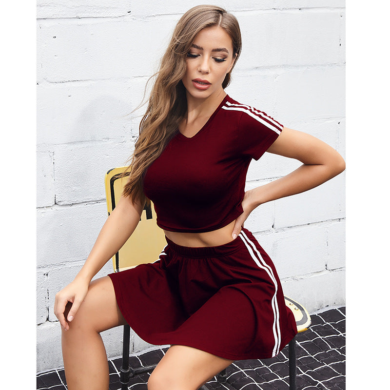 LOVECCR 2025 outdoor short-sleeved top short skirt casual sports suit women's summer fashion short striped sweater two-piece set