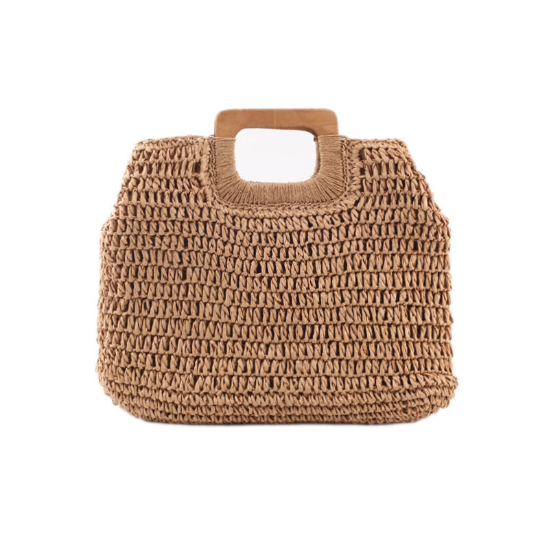 loveccr Cross-Border Hot Sale Dual-Use Square Wooden Handle Woven Bag Large Capacity Straw Bag Beach Bag Portable Women's Bag