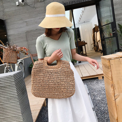 loveccr Cross-Border Hot Sale Dual-Use Square Wooden Handle Woven Bag Large Capacity Straw Bag Beach Bag Portable Women's Bag