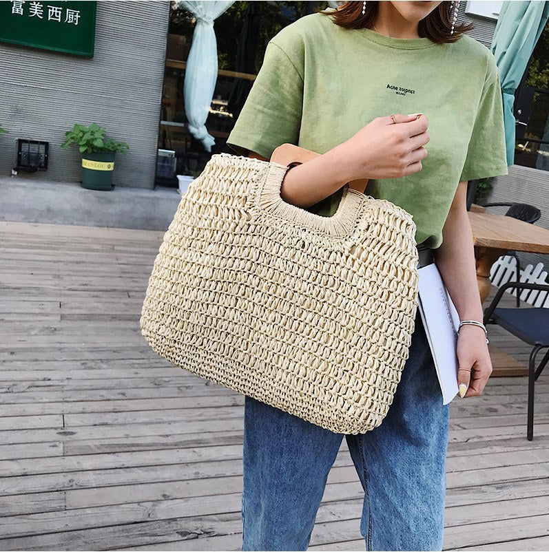 loveccr Cross-Border Hot Sale Dual-Use Square Wooden Handle Woven Bag Large Capacity Straw Bag Beach Bag Portable Women's Bag