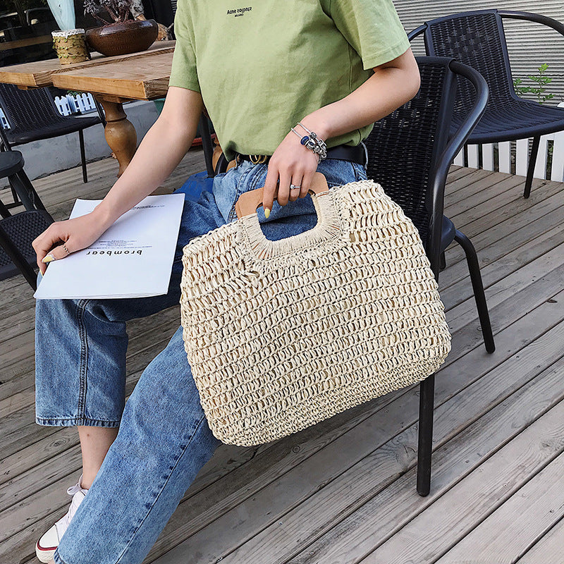 loveccr Cross-Border Hot Sale Dual-Use Square Wooden Handle Woven Bag Large Capacity Straw Bag Beach Bag Portable Women's Bag