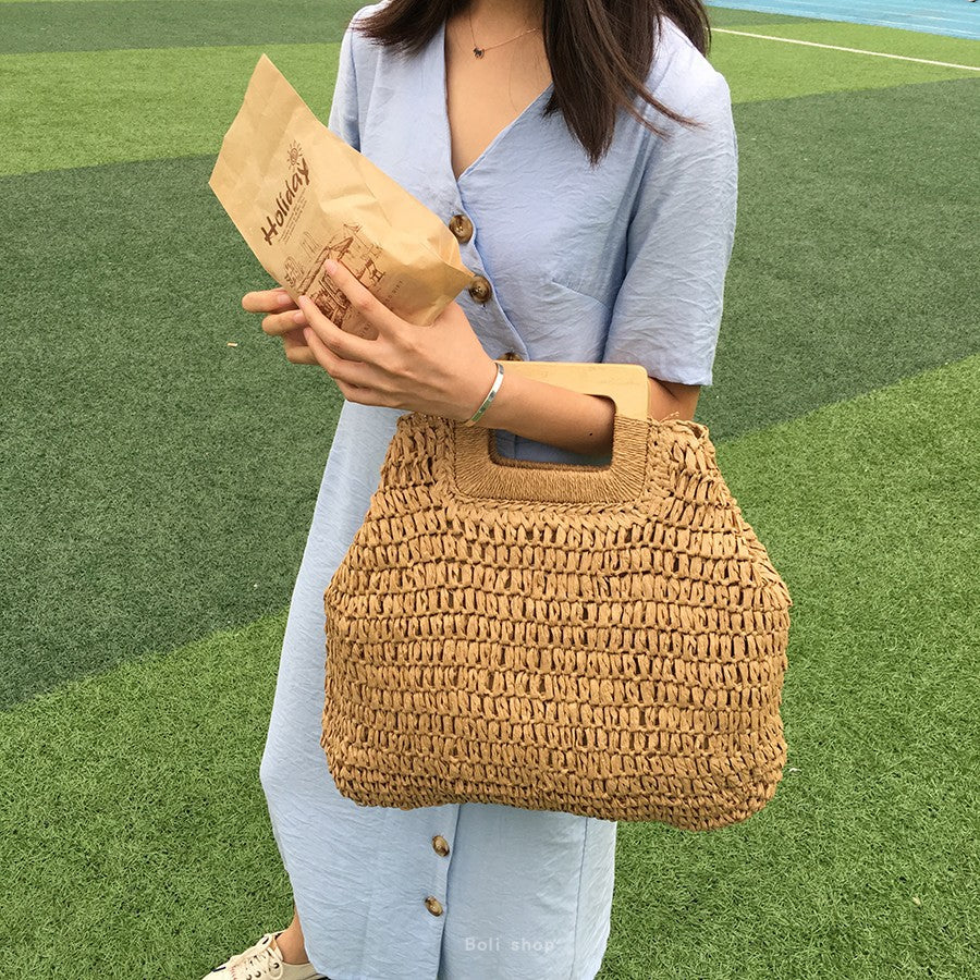 loveccr Cross-Border Hot Sale Dual-Use Square Wooden Handle Woven Bag Large Capacity Straw Bag Beach Bag Portable Women's Bag