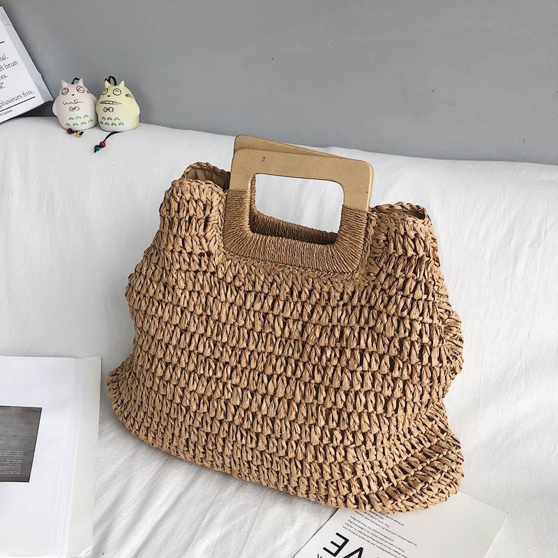 loveccr Cross-Border Hot Sale Dual-Use Square Wooden Handle Woven Bag Large Capacity Straw Bag Beach Bag Portable Women's Bag