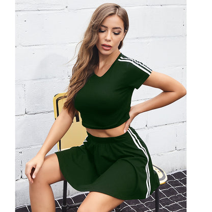 LOVECCR 2025 outdoor short-sleeved top short skirt casual sports suit women's summer fashion short striped sweater two-piece set