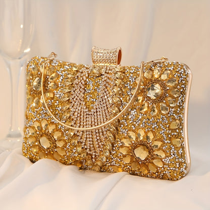 Vintage Ladies Evening Clutch With Rhinestones, PU Cocktail Handbag For Party Prom, Optional Chain Shoulder Strap