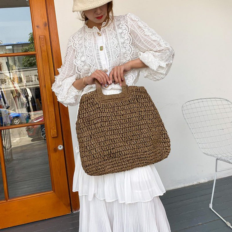 loveccr Cross-Border Hot Sale Dual-Use Square Wooden Handle Woven Bag Large Capacity Straw Bag Beach Bag Portable Women's Bag