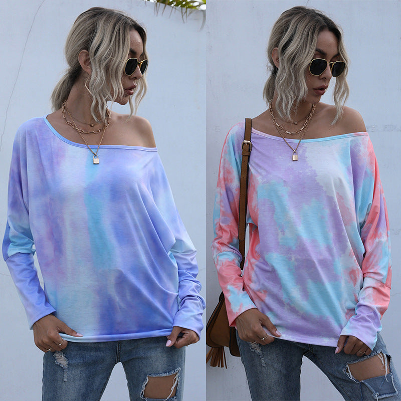 LOVECCR Cross-border Hot Trade Popular, 2025, Crew Neck Fashion Loose Top Long Sleeve Tie-Dye Bottom Pullover T-Shirt