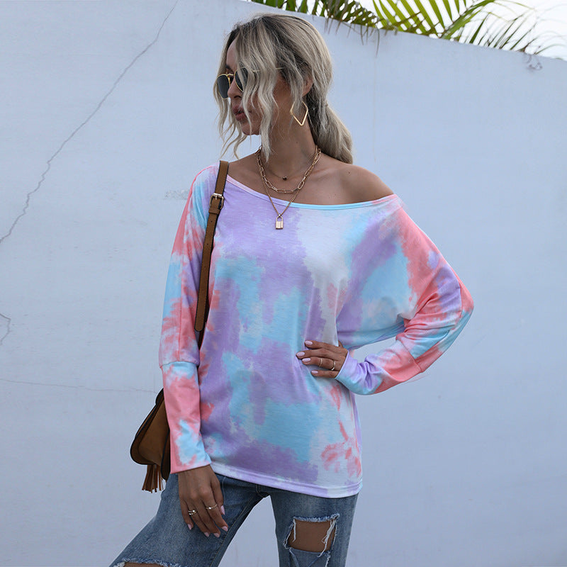 LOVECCR Cross-border Hot Trade Popular, 2025, Crew Neck Fashion Loose Top Long Sleeve Tie-Dye Bottom Pullover T-Shirt