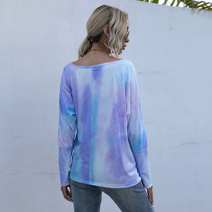 LOVECCR Cross-border Hot Trade Popular, 2025, Crew Neck Fashion Loose Top Long Sleeve Tie-Dye Bottom Pullover T-Shirt