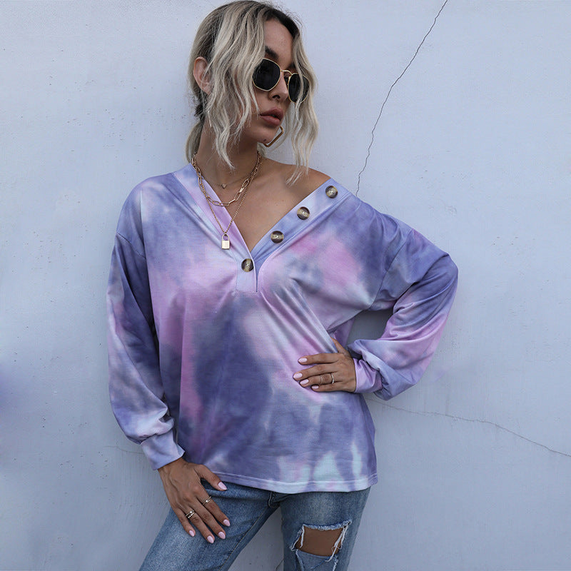 LOVECCR popular autumn  independent station New Popular trade 2025 v-neck tie-dye contrasting color women's loose casual sweater