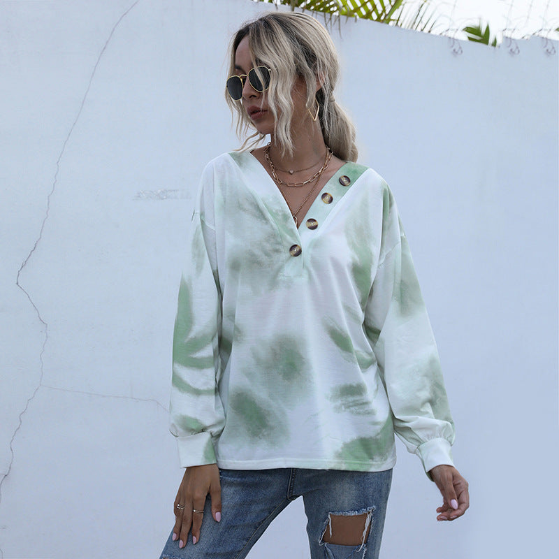 LOVECCR popular autumn  independent station New Popular trade 2025 v-neck tie-dye contrasting color women's loose casual sweater