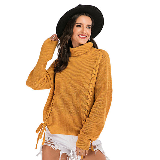 LOVECCR popular 2025 New Popular trade women's clothing solid color turtleneck sweater long sleeve straps loose pullover knitted sweater wholesale