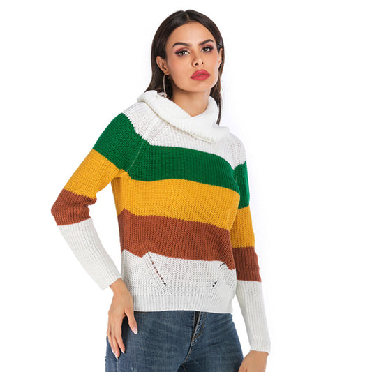 LOVECCR popular autumn and winter pullover women's clothing contrasting color loose sweater 2025 turtleneck striped long-sleeved bottomed knitted sweater women's wholesale