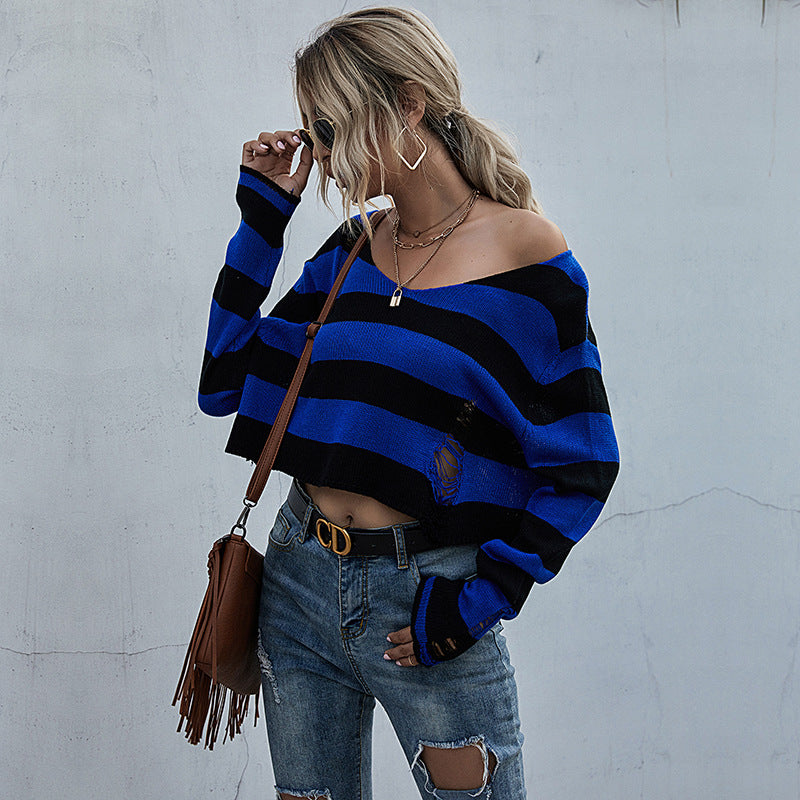 LOVECCR Strictly selected early autumn  New fashion women's clothing striped v-neck loose short ripped sweater open navel knitted sweater