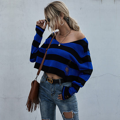 LOVECCR Strictly selected early autumn  New fashion women's clothing striped v-neck loose short ripped sweater open navel knitted sweater