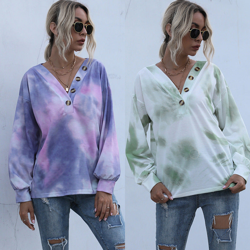 LOVECCR popular autumn  independent station New Popular trade 2025 v-neck tie-dye contrasting color women's loose casual sweater