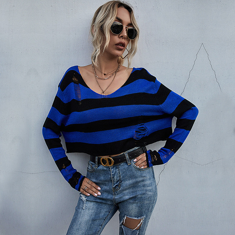 LOVECCR Strictly selected early autumn  New fashion women's clothing striped v-neck loose short ripped sweater open navel knitted sweater