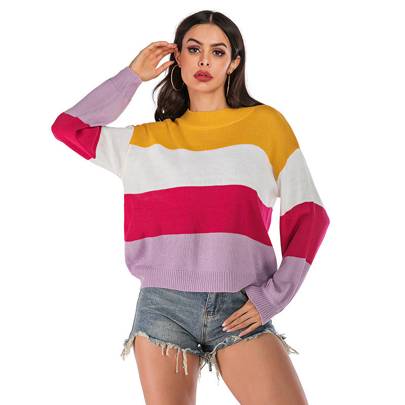 LOVECCR popular autumn and winter, 2025 , New Popular trade  knitted sweater fashion color matching long-sleeved pullover sweater women