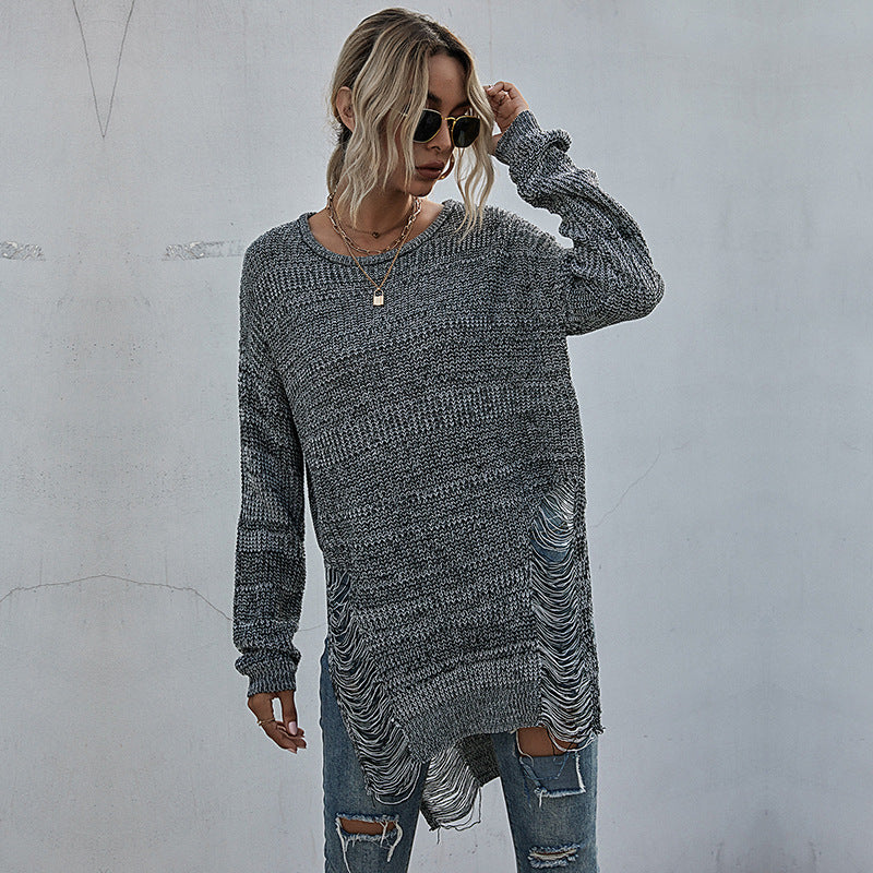 LOVECCR popular autumn and winter new New 2025 loose long-sleeved crew neck sweater hole hollow knitted sweater women's medium and long