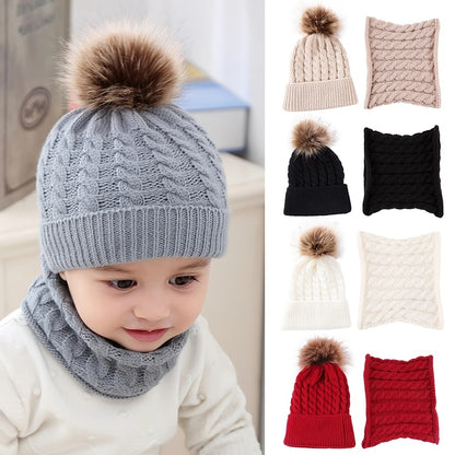 Kids Warm Cute Beanies Knit Hat Pom Pom And Matching Scarf 2pcs Set For Winter