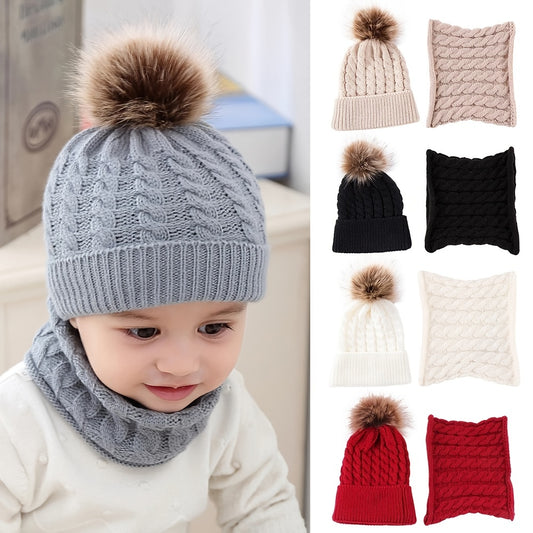 Kids Warm Cute Beanies Knit Hat Pom Pom And Matching Scarf 2pcs Set For Winter