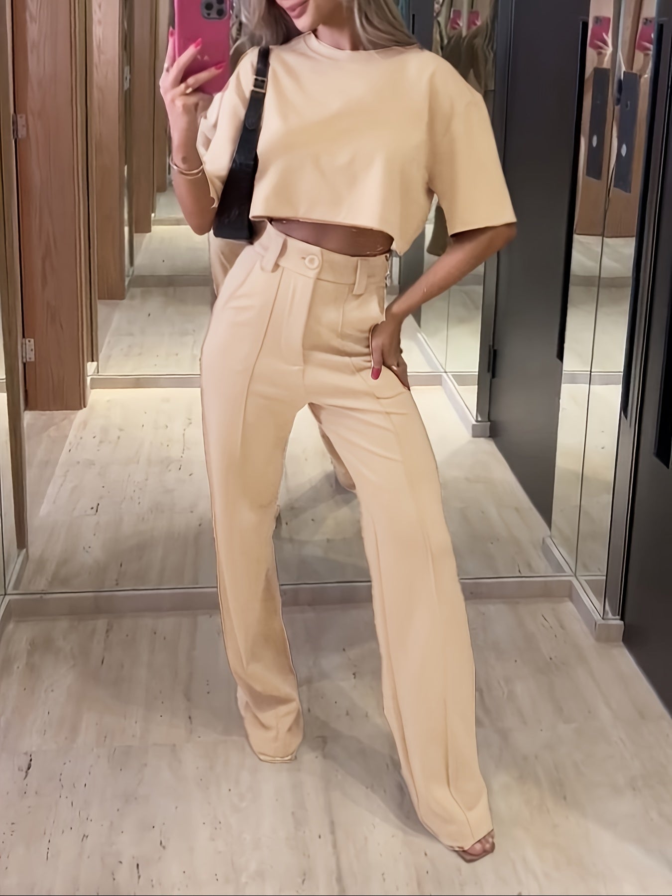 Two-Piece Solid Color Suit - Pantsuits for Women - Round Neck Short Sleeve Top and High Waist Straight Pants Set with Comfortable Fabric