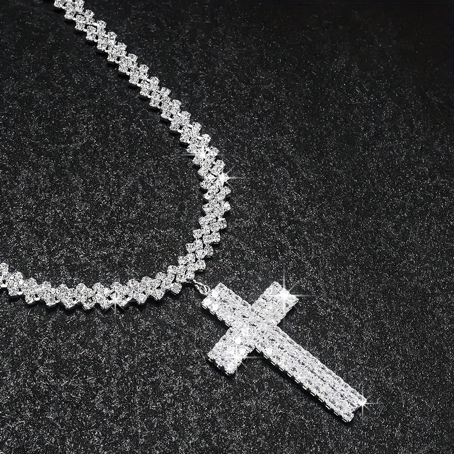 Luxury Multilayer Rhinestone Cross Pendant Necklace Silver Color Neck Jewelry Gift