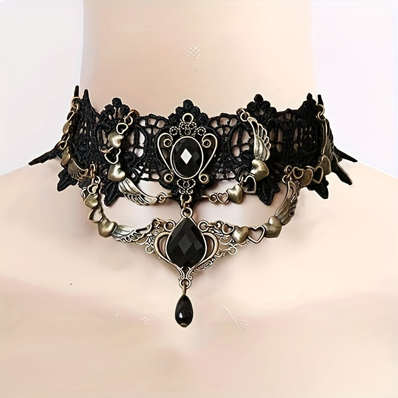 5pc Gothic Steampunk Choker Necklace Set - Intricate Pendant Designs, Alluring Black Lace Collar, Edgy Punk Style - Fashion Forward Accessories for Women - Perfect Festive Costume Accent