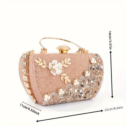 Faux Pearl Rhinestone Floral Evening Bag, Elegant & Charming Dress Clutch Purse, Women's Fashionable Handbag For Wedding Party Prom