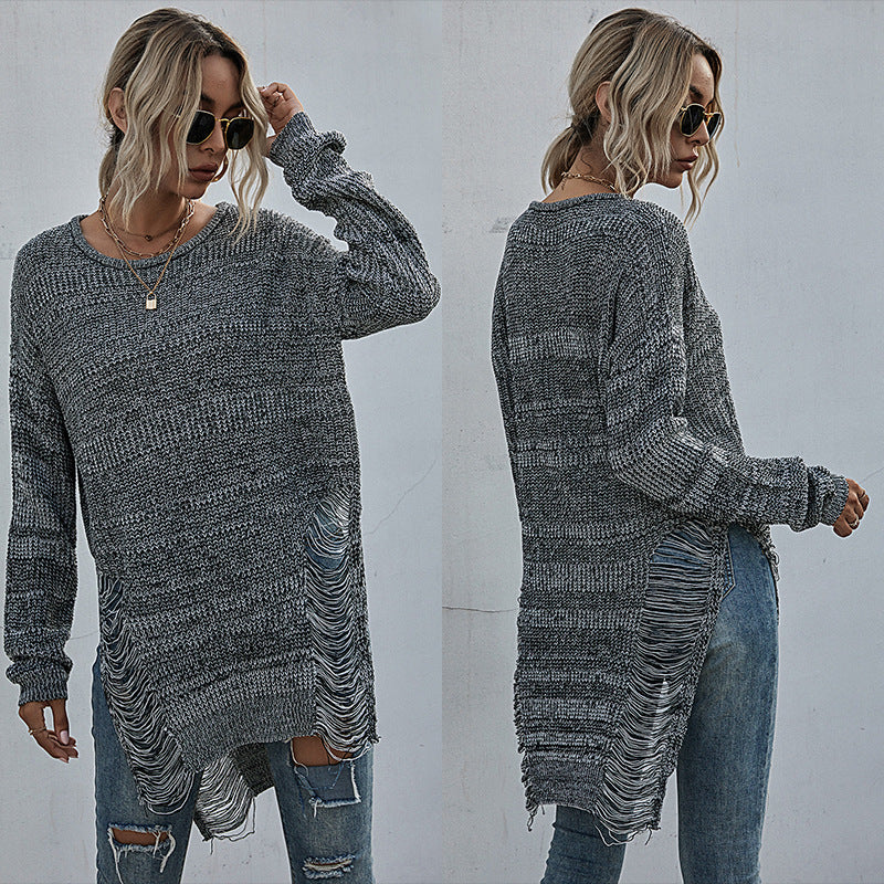 LOVECCR popular autumn and winter new New 2025 loose long-sleeved crew neck sweater hole hollow knitted sweater women's medium and long