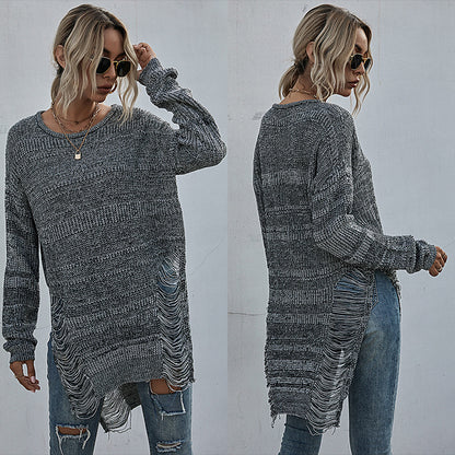 LOVECCR popular autumn and winter new New 2025 loose long-sleeved crew neck sweater hole hollow knitted sweater women's medium and long